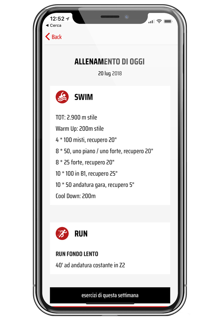 Una schermata dell'app ToDoTri per allenamenti triathlon